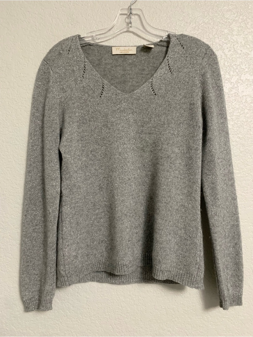 Mainbocher Pure Cashmere Sweater Womens M Metallic Pointelle Trim Silver Grey Lu